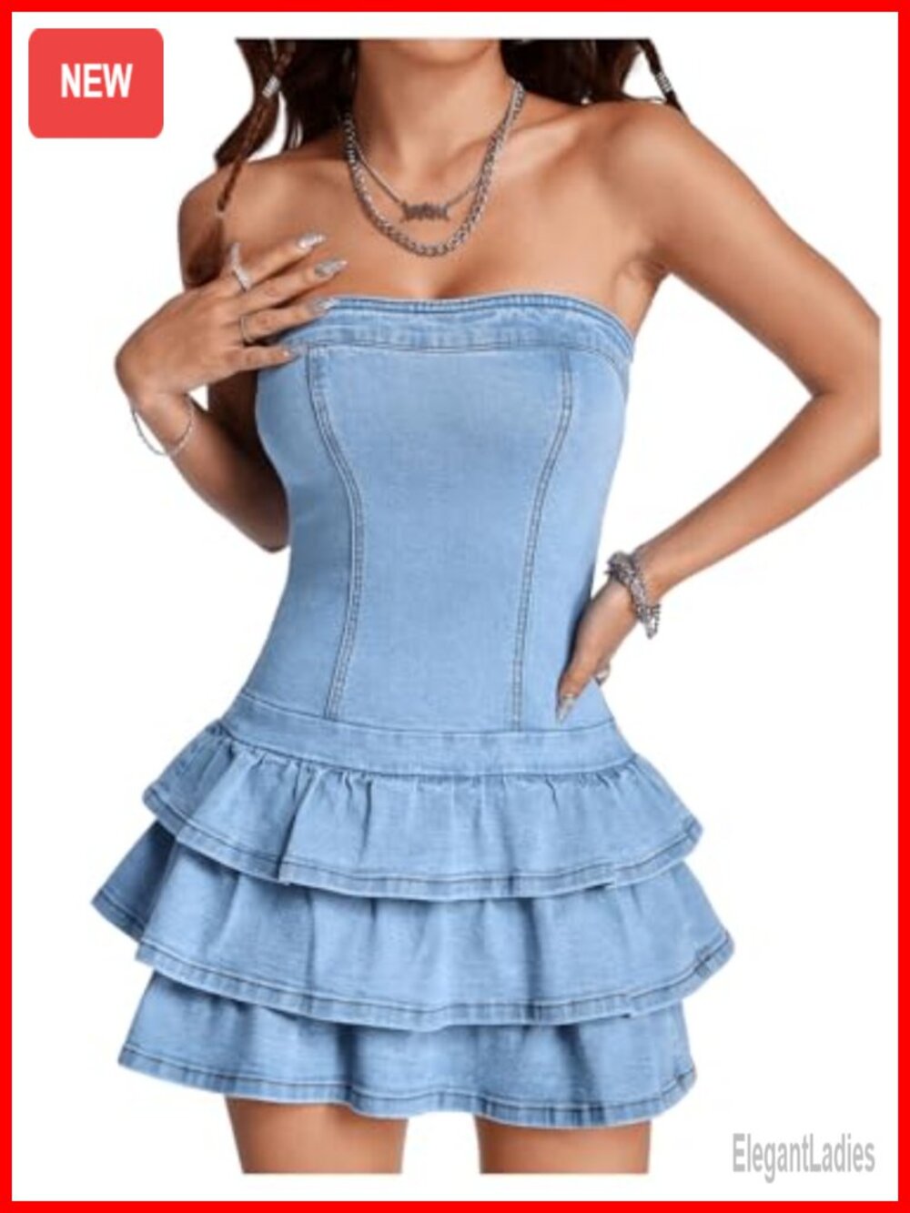 Women's Strapless Layered Ruffle Denim Mini Dress Bandeau